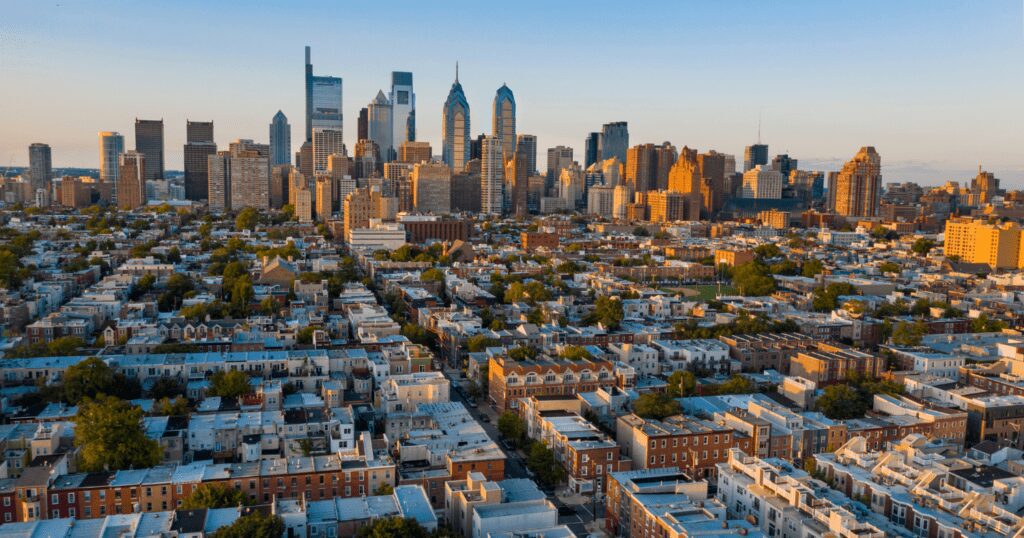 Philadelphia skyline cityscape with historic and modern buildings